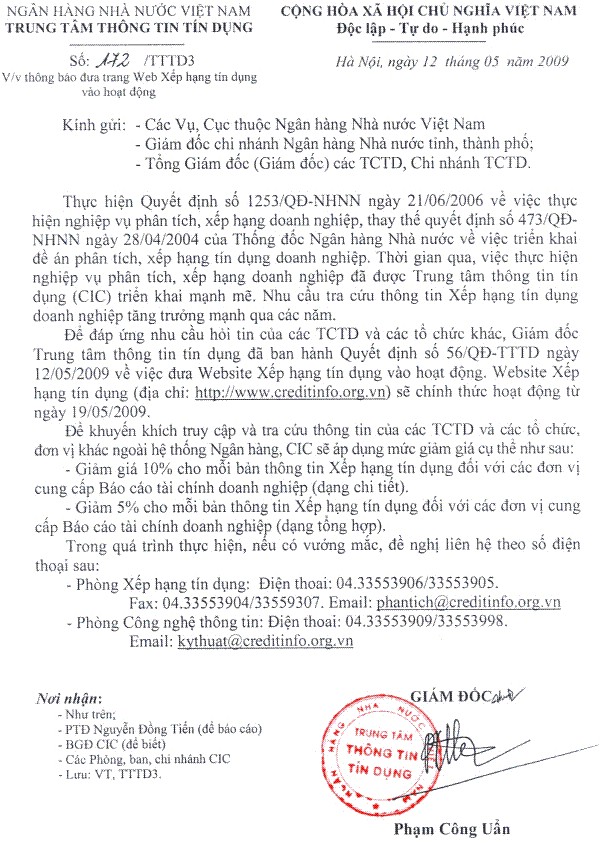Th&ocirc;ng b&aacute;o đưa trang web Xếp hạng t&iacute;n dụng v&agrave;o hoạt động